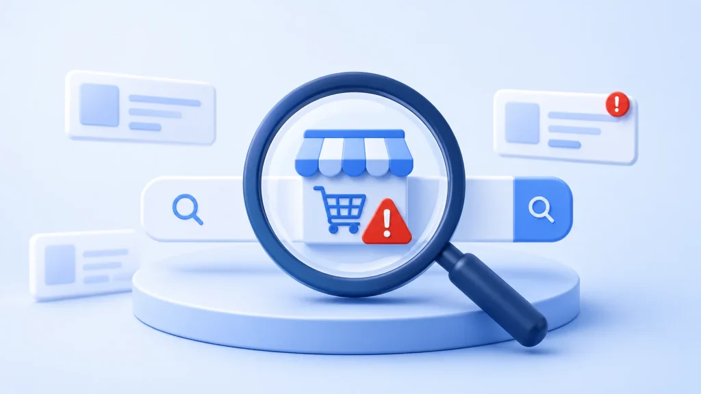 Lupe über einer Suchleiste, die einen Online-Shop mit rotem Warndreieck zeigt – Symbolbild für Fake Shops in Google-Werbung