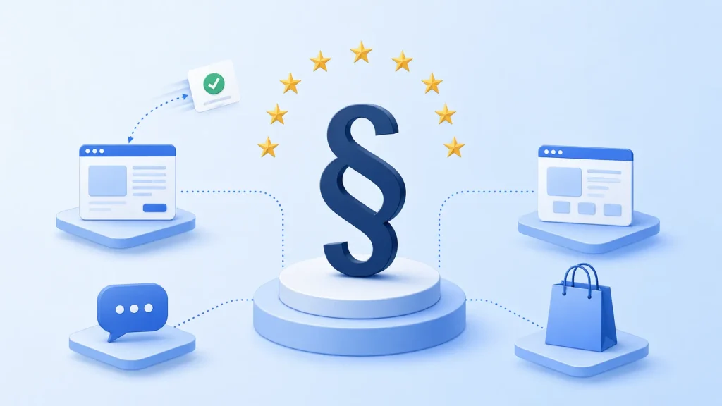 Illustration: Paragrafen-Symbol auf einem Podest, umgeben von EU-Sternen und Plattform-Icons