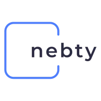 Das Logo des Unternehmens nebty. Ein Schriftzug "nebty" vor einem abgerundeten Quadrat.